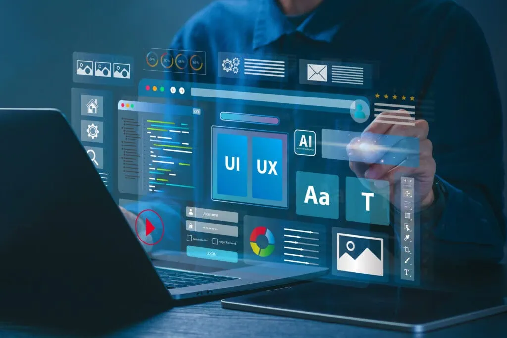 Webentwickler arbeitet an Website, umgeben von holografischen Displays mit Code, Icons und Datenvisualisierungen – Fokus auf UI/UX und Webdesign