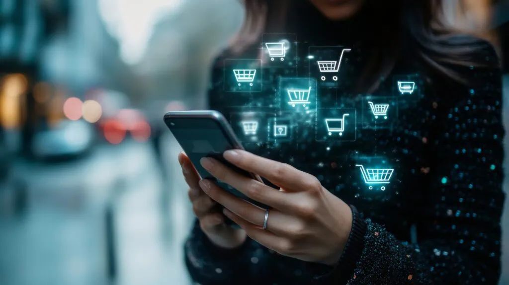 Person interagiert mit einem Smartphone, das digitale Einkaufswagen-Icons anzeigt, betont Online-Shopping und Technologie in einer modernen Umgebung