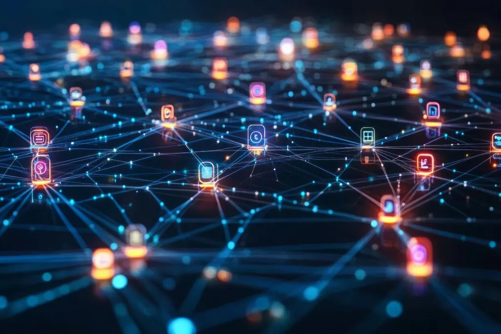 Karte mit vernetzten Icons, die Social Media Einfluss und digitale Kultur darstellen – symbolisch für The Influence Algorithm