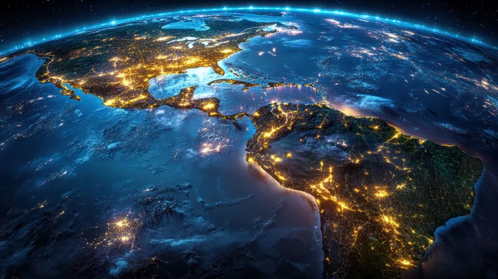 Weltkarte mit leuchtenden Verbindungen zwischen Städten in Lateinamerika – symbolisiert die weite Verbreitung digitaler Marketingservices in der Region
