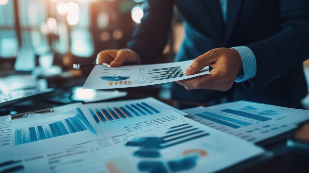 Berater besprechen erfolgreiche ESG-Fonds und Strategien, während sie gedruckte Fallstudien zu Investitionsplanung und ESG-Investitionen austauschen