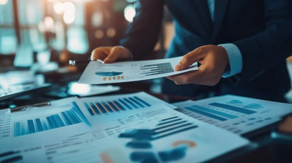 Berater besprechen erfolgreiche ESG-Fonds und Strategien, während sie gedruckte Fallstudien zu Investitionsplanung und ESG-Investitionen austauschen
