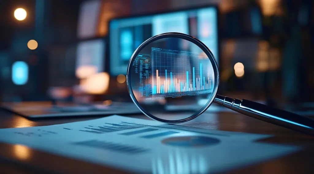 Geschäftsprüfung und Finanzmanagement mit Analyse-Daten, Diagrammen und Berichten zur Wirtschaftsstrategie, Investitionen und Profitforschung