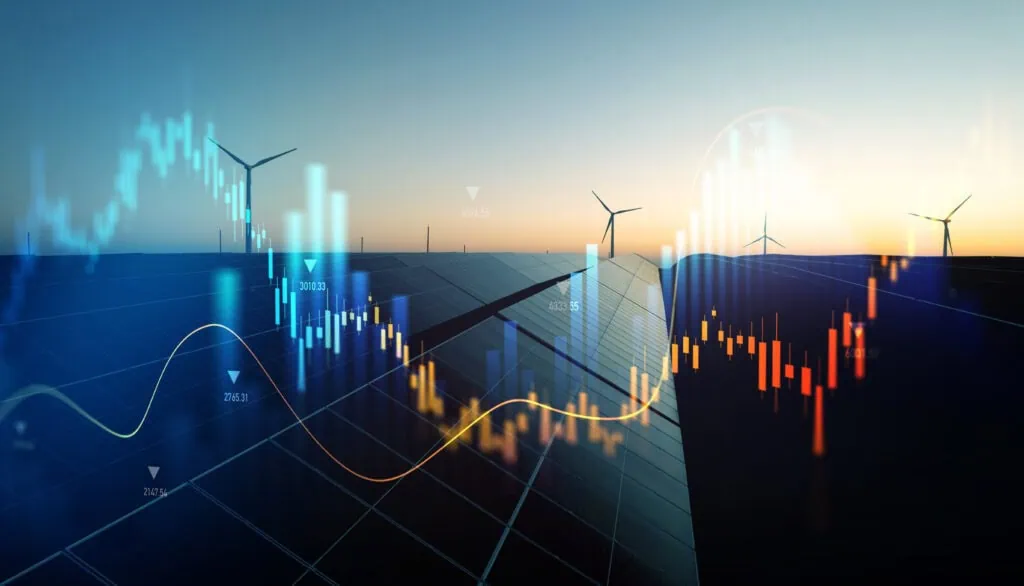 Anstieg der Strompreise auf dem Weltmarkt, mit einem Finanzdiagramm und einem Wachstumsgraphen für grüne Energie, Aktienmarkt und Investitionen