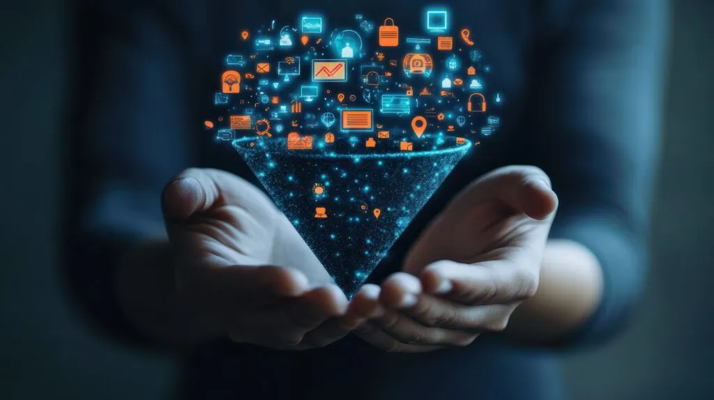 Person hält einen digitalen Marketing-Funnel mit Icons für digitale Marketing-Elemente, symbolisiert den Verkaufsprozess von der Interessentenakquise bis zum Kundenabschluss