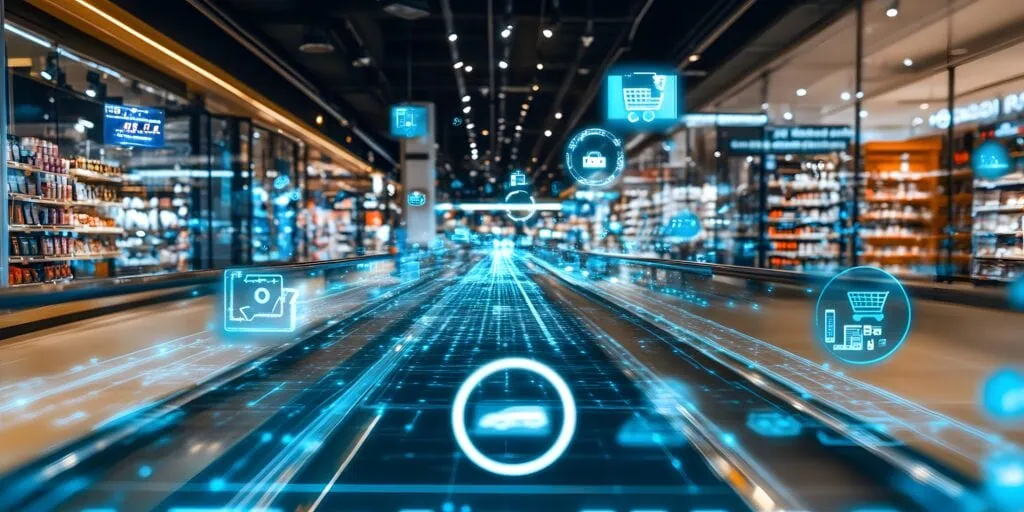 Futuristischer Einzelhandelsraum mit digitalen Icons, die Shopping und Technologie symbolisieren