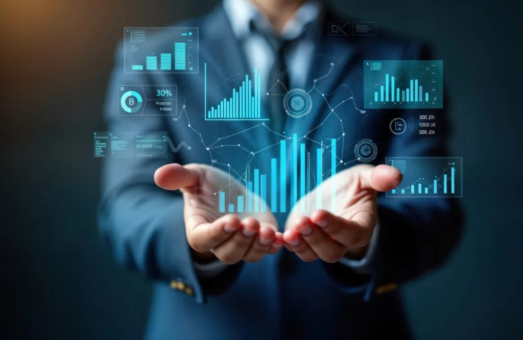 Geschäftsmann hält datengestützte technologische Einblicke, während moderne digitale Grafiken und Zahlen in seinen Händen schweben, symbolisiert Geschäftsstrategien und Entscheidungsfindung