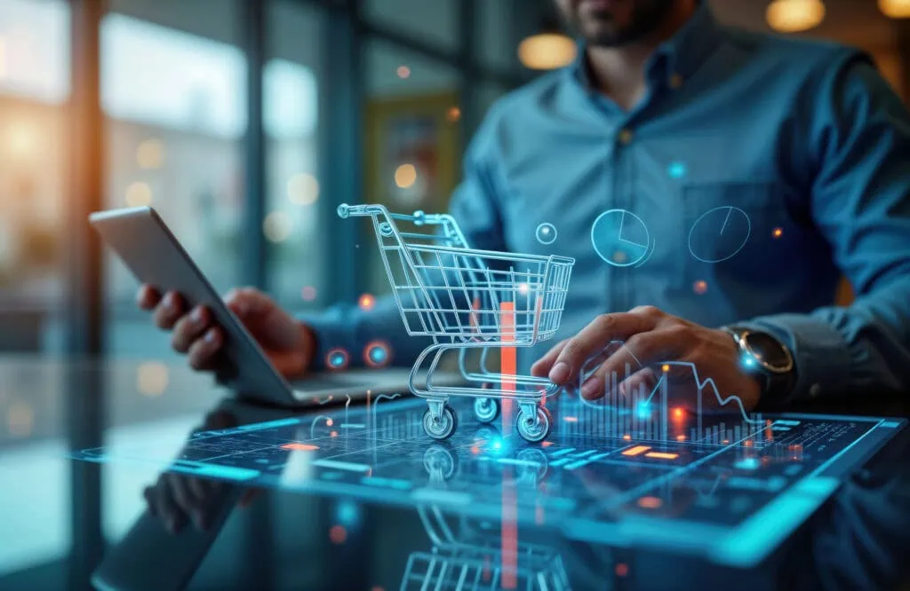 Geschäftsmann nutzt ein digitales Tablet zur Verwaltung eines E-Commerce-Marktplatzes, interagiert mit virtuellem Einkaufswagen und Verkaufsdaten für das Wachstum eines Online-Shops