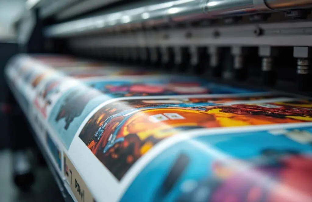 Nahaufnahme eines bunten Flyers, der auf einer Druckmaschine produziert wird – Symbol für hochwertige Druckproduktion von Werbematerialien und Marketingmaterialien
