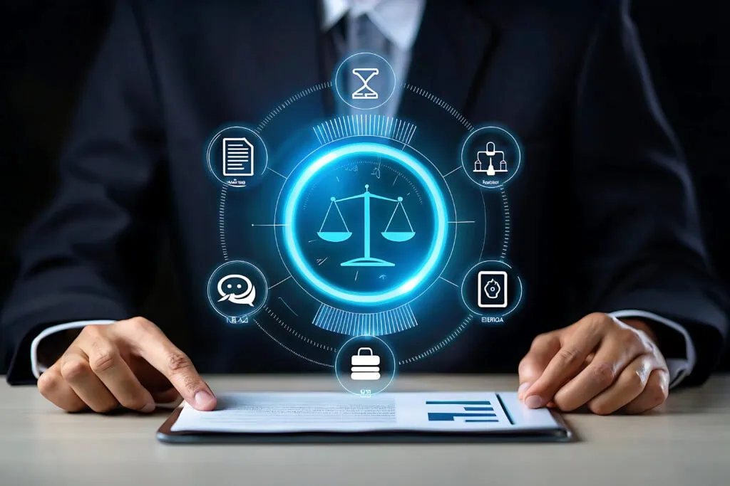 Anwalt nutzt ein Tablet mit einem Hologramm der Justitia-Skala, symbolisiert technologische Integration in die Rechtsberatung und digitale juristische Dienstleistungen