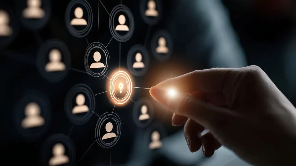 Geschäftshand berührt ein leuchtendes Ziel-Icon, umgeben von Personen-Icons, die Zielgruppensegmentierung symbolisieren