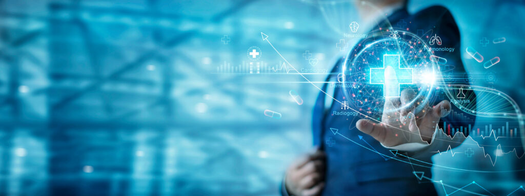 Geschäftsmann berührt virtuelle medizinische Netzwerk-Icons, die das Wachstum im Gesundheitswesen und der Krankenversicherungsbranche symbolisieren