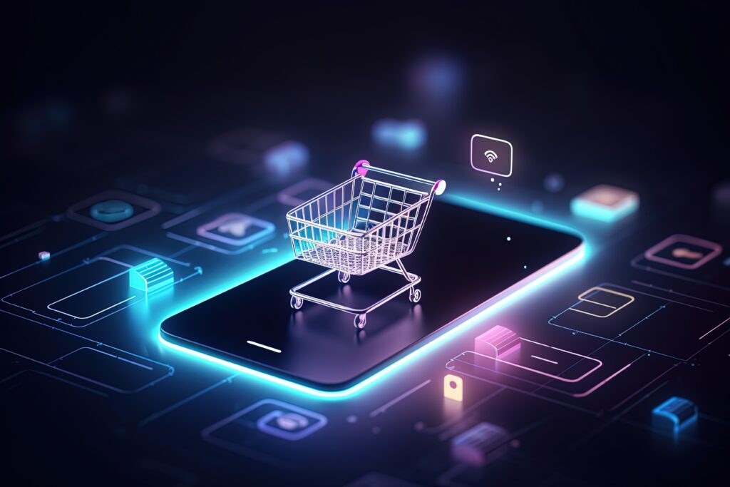 Einkaufswagen-Illustration, symbolisiert E-Commerce und Business-Konzepte im Hintergrund, erstellt mit generativer KI