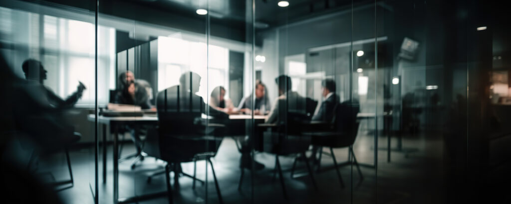 Verschwommene Szene eines Büroarbeitsplatzes, ideal für Business-Hintergründe mit Platz für Text