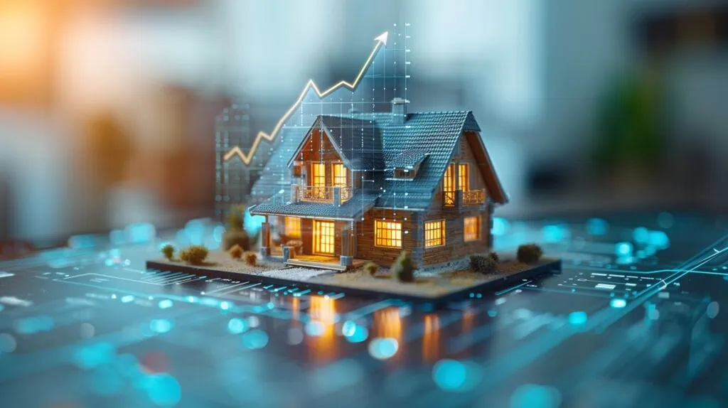 Miniaturhaus-Modell mit holografischem aufsteigendem Graph und futuristischem holografischen Boden – symbolisiert Konzept der Immobilieninvestition
