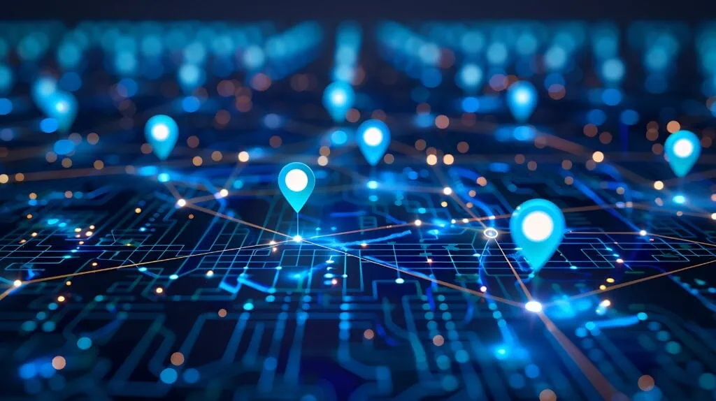 Futuristische Karte mit miteinander verbundenen Wegen, die die Navigation durch die digitale Landschaft symbolisieren
