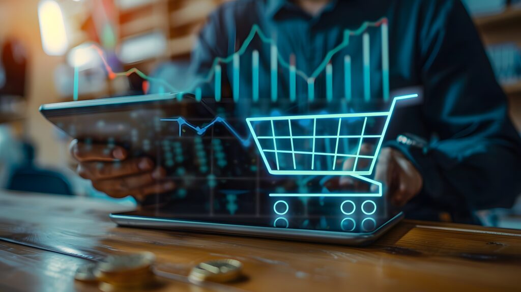 Wachstumsdiagramm des Verkaufsvolumens mit einem größeren Einkaufswagen auf Münzstapeln, symbolisiert das Wachstum im Online-Verkauf und E-Commerce