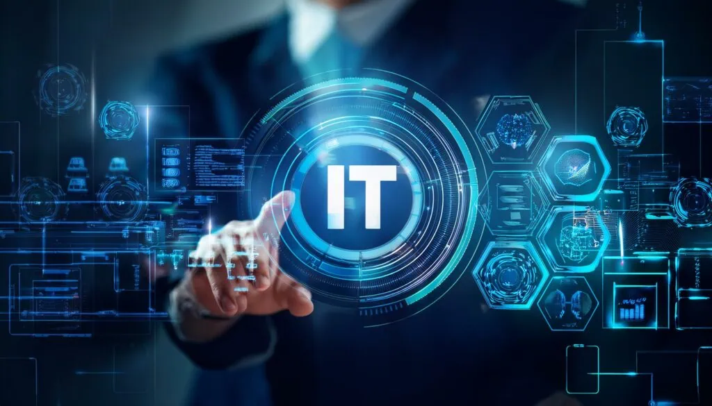 IT-Konzept auf Touchscreen, zeigt neue Computernetzwerksysteme und Informationstechnologie