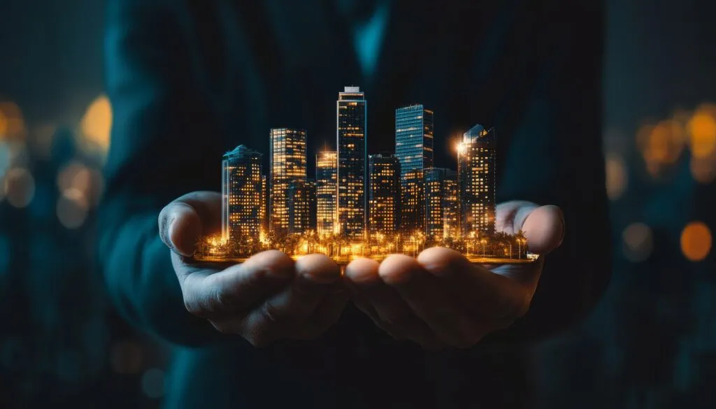 Geschäftsmann überwacht Konzepte der Immobilieninvestition, -sicherung und digitalen Transaktionen
