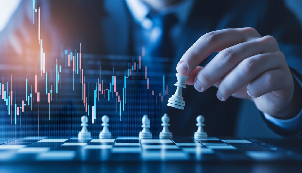 Geschäftsmann spielt Schach vor einem Finanzhintergrund, mit Stock-Markt-Diagrammen, die Investitionen, Wachstum und Entscheidungsfindung symbolisieren