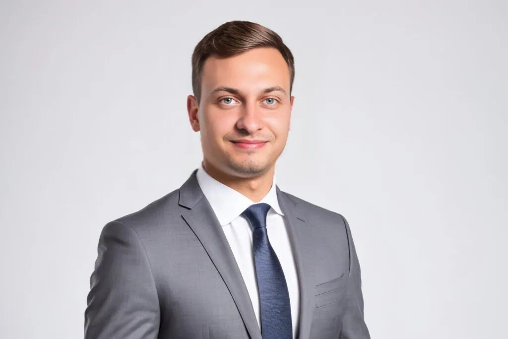 Artur Schütz, Geschäftsführer von SyntiQ Media, im grauen Anzug vor weißem Hintergrund